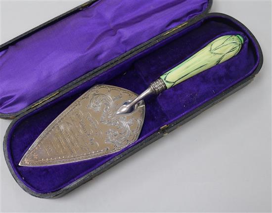 A cased Victorian stained ivory handled silver presentation trowel, Birmingham, 1872, 28cm.